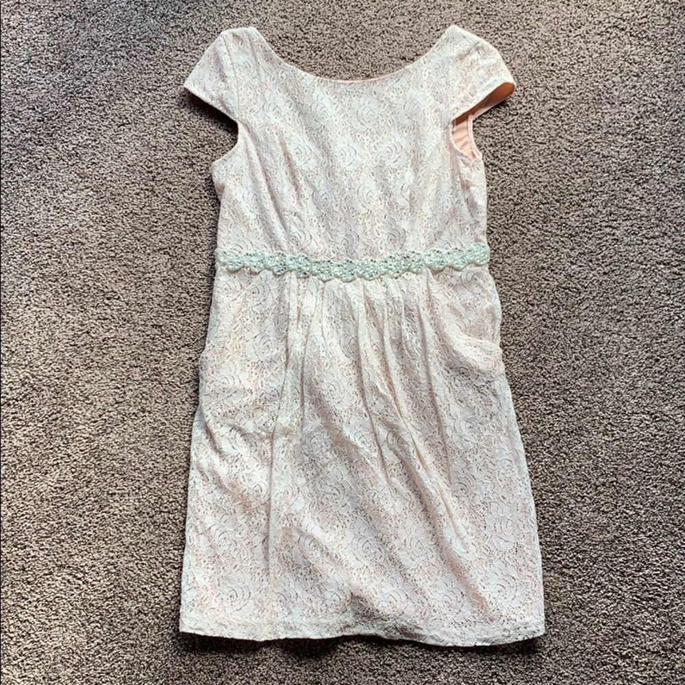 Short sleeve dress, lace overlay, bejeweled belt